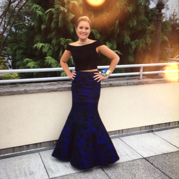 black and blue two piece prom dress Two Piece Nark Navy Prom Dress with Cherry Embroidery Pockets –  loveangeldress main image 1